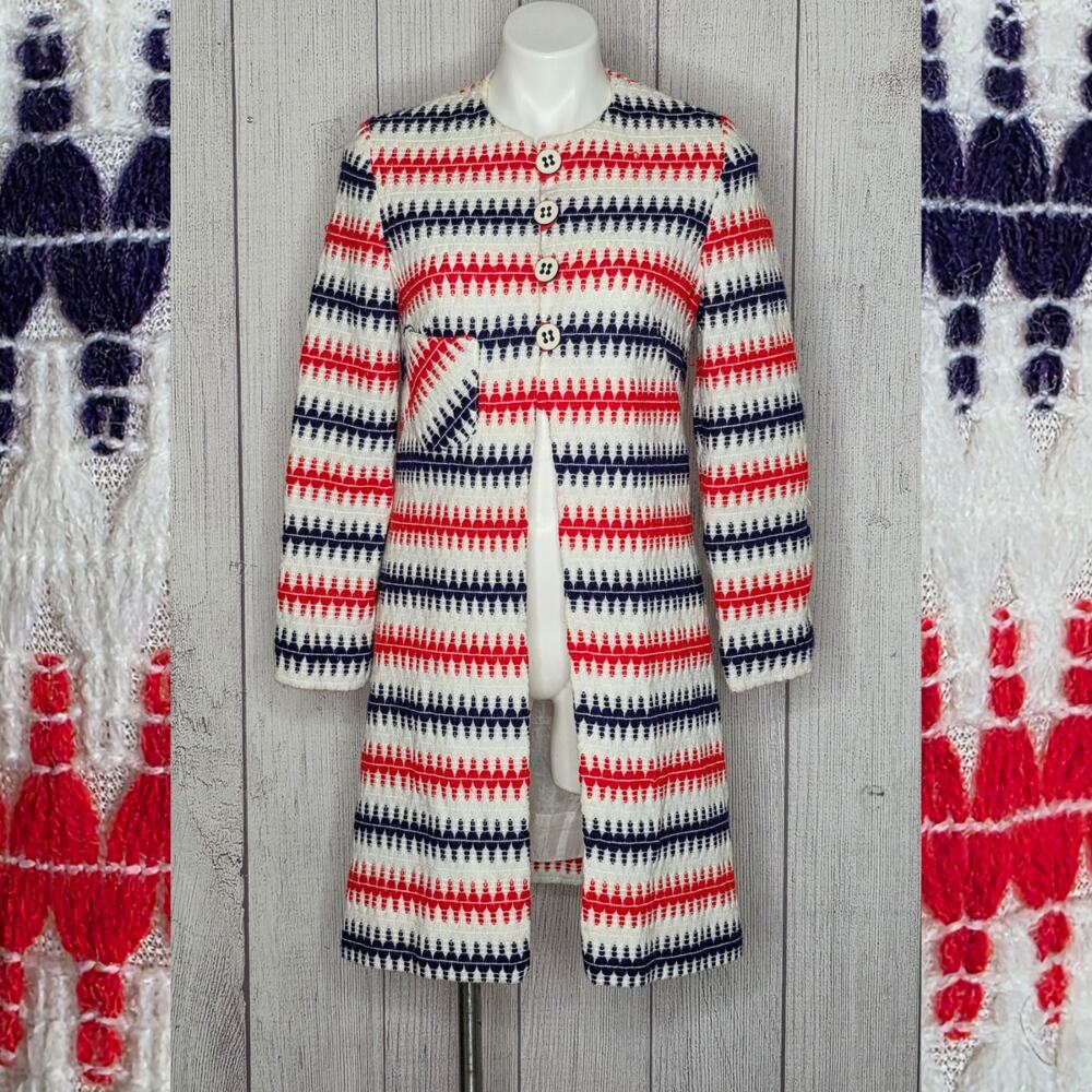Vintage 60s Mod Longline Coat Geometric Jacquard Duster Space Age Jacket